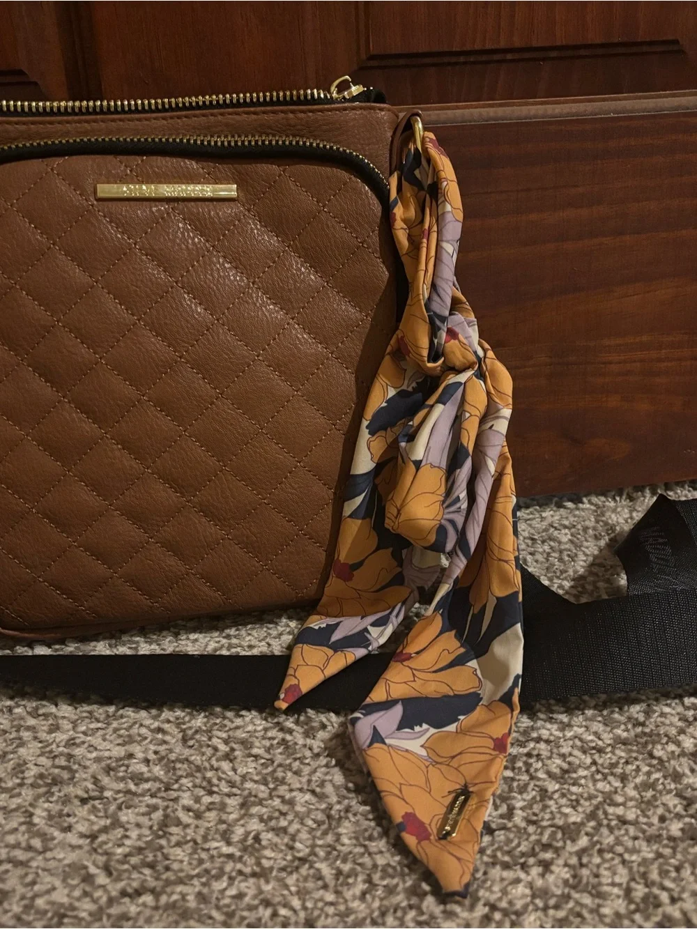 Steve Madden Quilted Brown Crossbody with Floral Scarf Accent